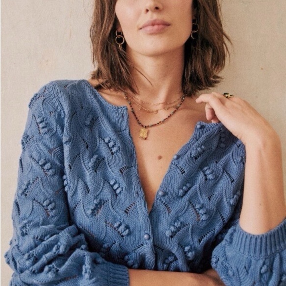 Sezane Dusty Blue Cable & Bobble Button Cardigan